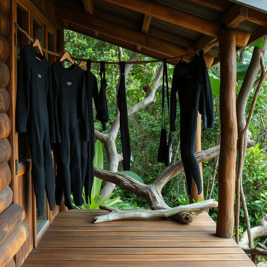 Wetsuits drying on a surf shack porch